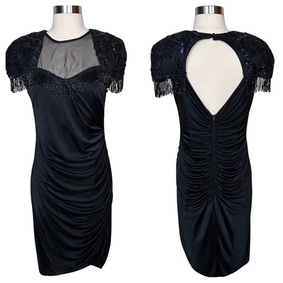 Vintage 80s Beaded Fringe Sequined Cocktail Formal Bodycon Black Midi Dress US10